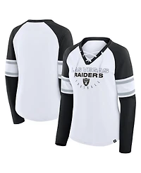 Fanatics Women's White/Black Las Vegas Raiders Redzone Blitz Package Raglan Lace-Up V-Neck Long Sleeve T-Shirt