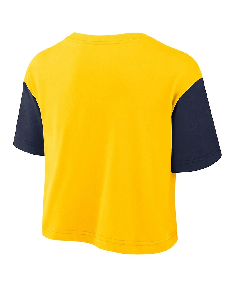 Jordan Women's Maize/Navy Michigan Wolverines Color-Block Script Dri-fit Cropped T-Shirt