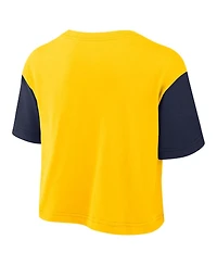 Jordan Women's Maize/Navy Michigan Wolverines Color-Block Script Dri-fit Cropped T-Shirt