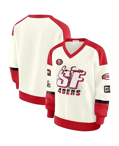 Wear by Erin Andrews Women's Cream San Francisco 49ers Racing Crew V-Neck Sweatshirt