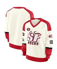 Wear by Erin Andrews Women's Cream San Francisco 49ers Racing Crew V-Neck Sweatshirt