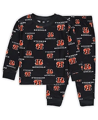 Outerstuff Toddler Black Cincinnati Bengals All-Over-Print Long Sleeve T-Shirt and Pants Sleep Set