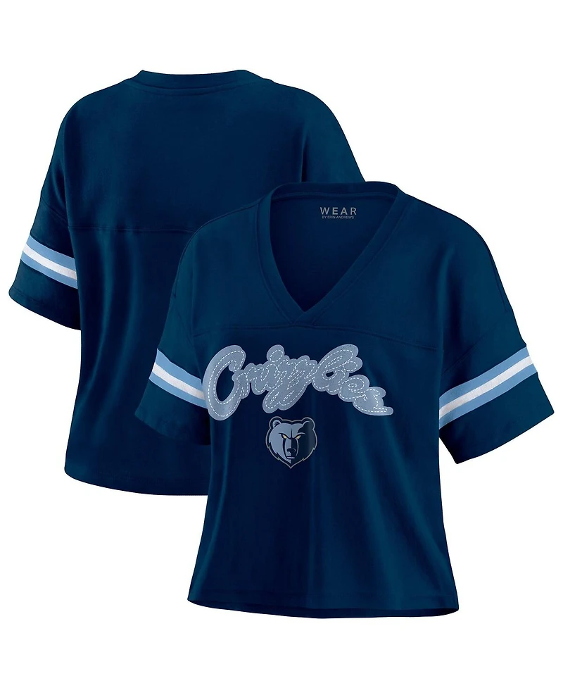 Wear by Erin Andrews Women's Navy Memphis Grizzlies Color Block Boxy V-Neck T-Shirt