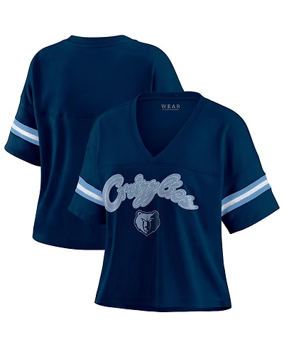 Wear by Erin Andrews Women's Navy Memphis Grizzlies Color Block Boxy V-Neck T-Shirt