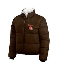 Wear by Erin Andrews Women's Brown/White Cleveland Browns Reversible Cropped Full-Zip Puffer Jacket