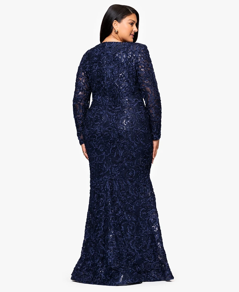 Xscape Plus Lace Detail V-Neck Maxi Dress