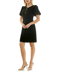 Taylor Petite Puff Sleeve Flower Trim Dress