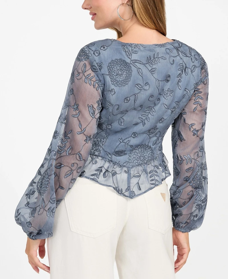 Guess Women's Seiah Embroidered Blouson-Sleeve Top