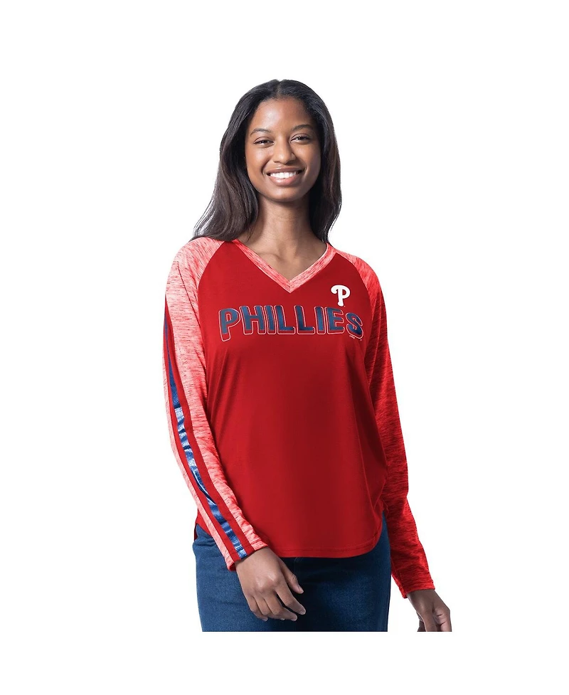G-iii 4Her by Carl Banks Women's Red Philadelphia Phillies Top Dog Raglan Long Sleeve V-Neck T-Shirt