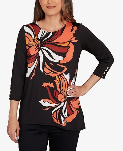 Ruby Rd. Petite Button Sleeve Bold Floral Top