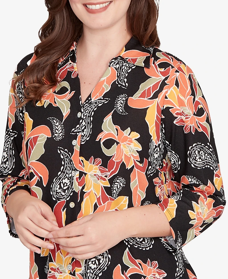 Ruby Rd. Petite Shirt Collar Floral Paisley Button Front Top