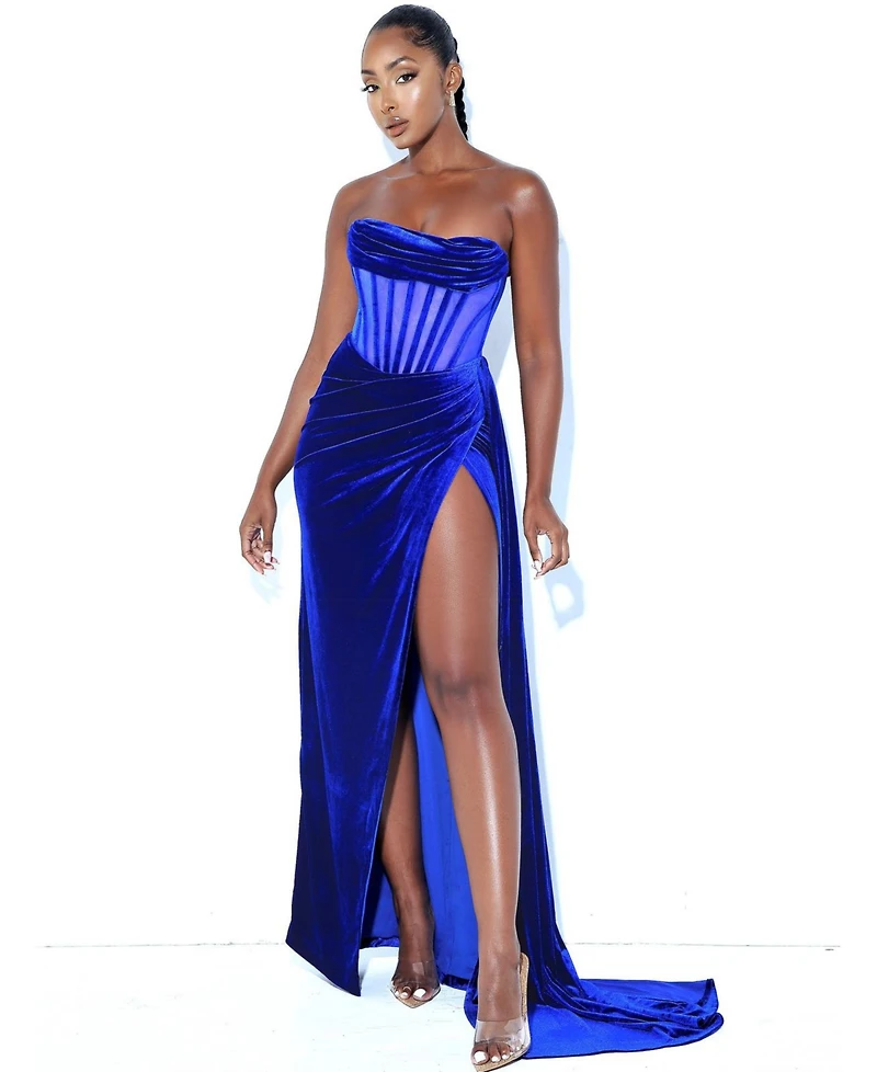 Miss Circle Women Priya Royal Blue Draping Corset High Slit Velvet Gown