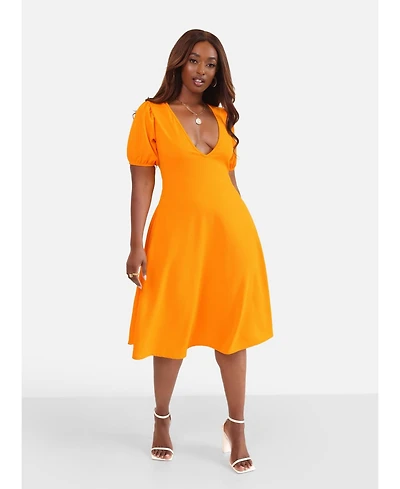 Rebdolls Women's Puff Sleeve A Line Midi Dress w. Pockets
