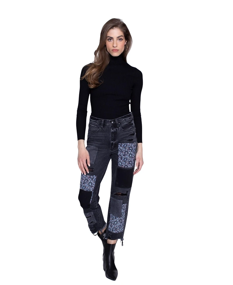 Blue Revival Women's Black Stone Paisley Patchwork High-Rise Straight Leg Jeans, 100% Cotton