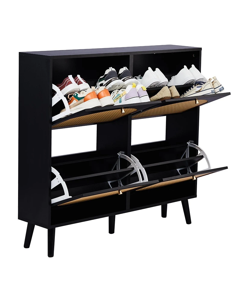 Slickblue 2 Rows of 4 Dump Buckets Shoe Cabinet with Frame High Legs and Wood Rattan Surface