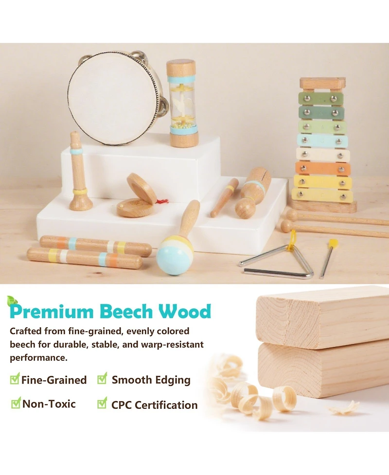 9-Piece Wooden Musical Instruments Set for Toddlers, Montessori Toys for Kids
