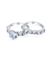 Bling Jewelry Sterling Silver 2CT Round Cz Solitaire Ring Set with Baguette Side Stones – 6-Prong Design
