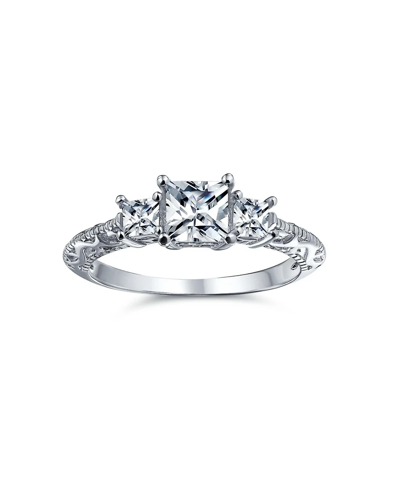 Bling Jewelry 3CT Royal Blue Cz Three Stone Past Present Future Cubic Zirconia Princess Cut Milgrain Filigree Promise Ring Sterling Silver