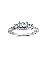 Bling Jewelry 3CT Royal Blue Cz Three Stone Past Present Future Cubic Zirconia Princess Cut Milgrain Filigree Promise Ring Sterling Silver