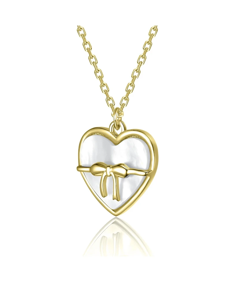 GiGiGirl 14K Gold Plated with White Mother Of Pearl Heart or Blue Enamel Bow Pendant Neckalce For Kids