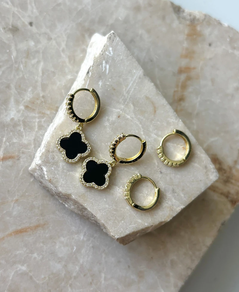 Adornia Gold Cubic Zirconia Halo Black Clover Huggie Set