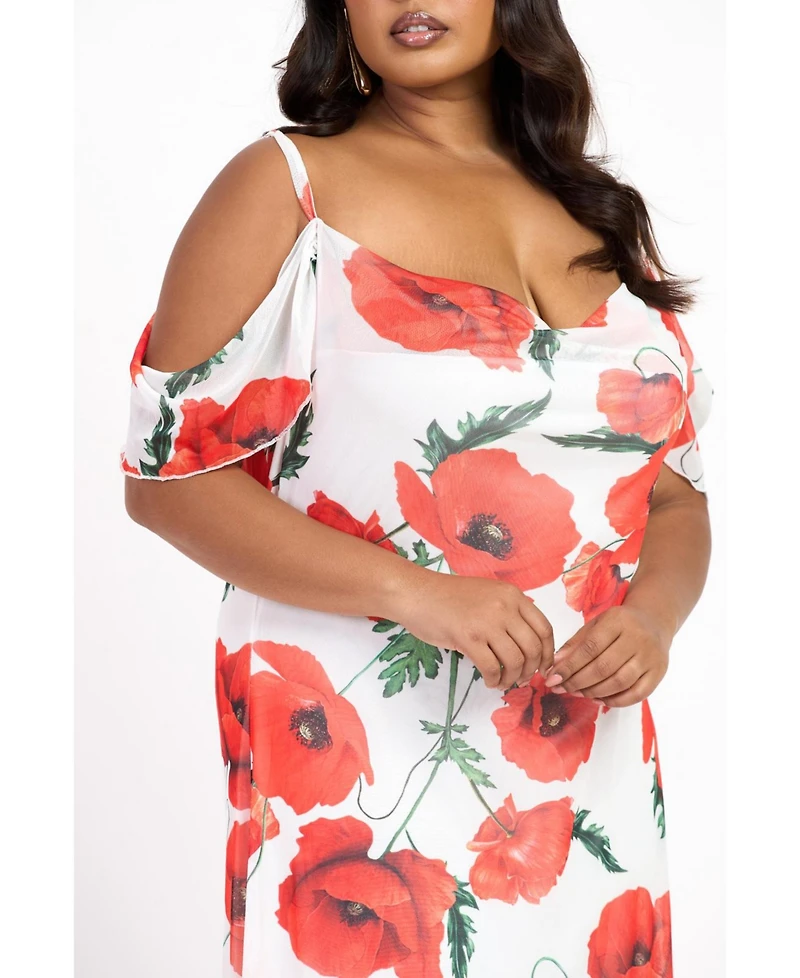 Fashion-szn Curve Women's Cold Shoulder Poppy Print Strappy Dress