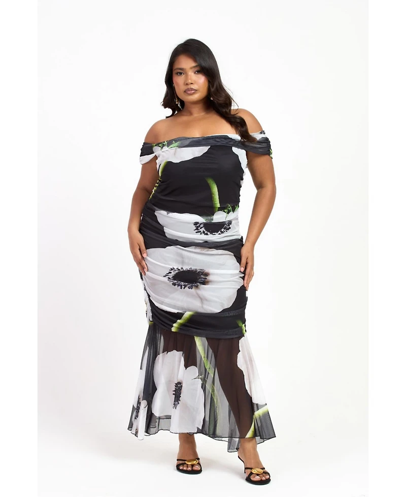 Fashion-szn Curve Women's Plus Bold Floral Ruched Midi Dress