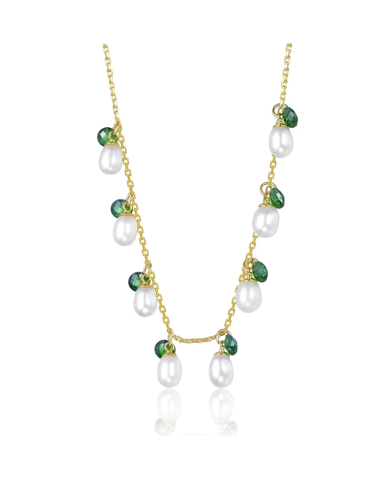 Rachel Glauber 14K Gold Plated with Mother of Pearl and Green Cubic Zirconia Charm Necklace