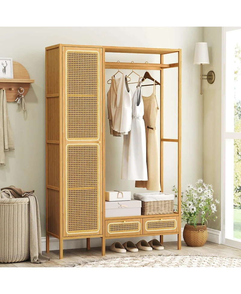 Costway Bamboo Clothing Rack with Cabinet Hanging Rod Storage Shelf & Drawers for Foyer