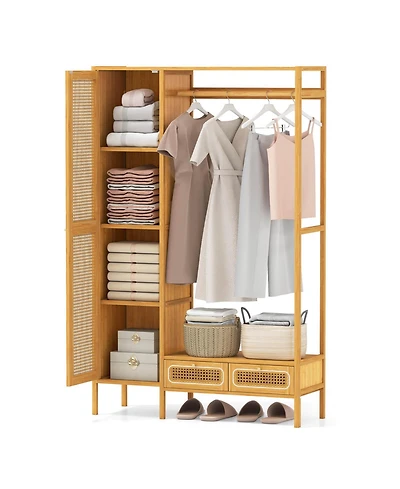 Costway Bamboo Clothing Rack with Cabinet Hanging Rod Storage Shelf & Drawers for Foyer