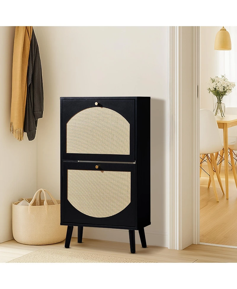 Slickblue Two Dump Buckets Shoe Cabinet with High-Leg Frame and Original Wood Rattan Surface