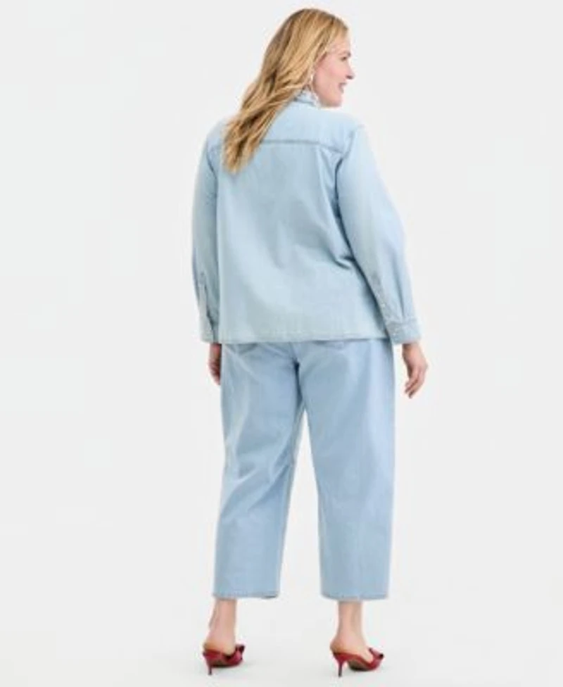 On 34th Trendy Plus Size Embellished Collar Denim Shirt Embellished Cropped Barrel Leg Jeans Macys Exclusive