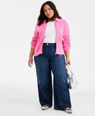 On 34th Trendy Plus Size Pointelle Zip Front Cardigan Embellished Wide Leg Jeans Macys Exclusive