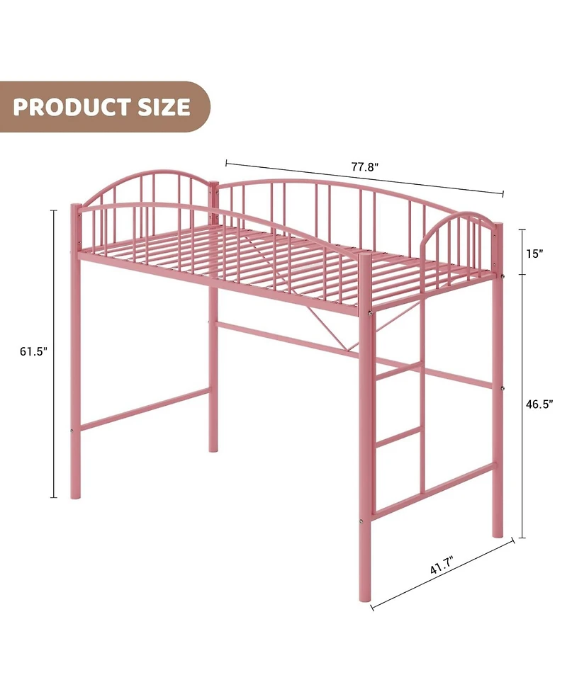 gaomon Loft Bed Twin Size, Heavy Duty Metal Loft Bed Frame with Arched Guardrail and Safety Ladder, Space-Saving, No Box Spring Needed, Pink