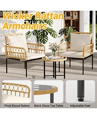 gaomon 3 Pieces Wicker Patio Bistro Sets Outdoor Conversation Sets with Glass Top Side Table and 2 Modern Rattan Chairs, Patio Furniture Set for Apart