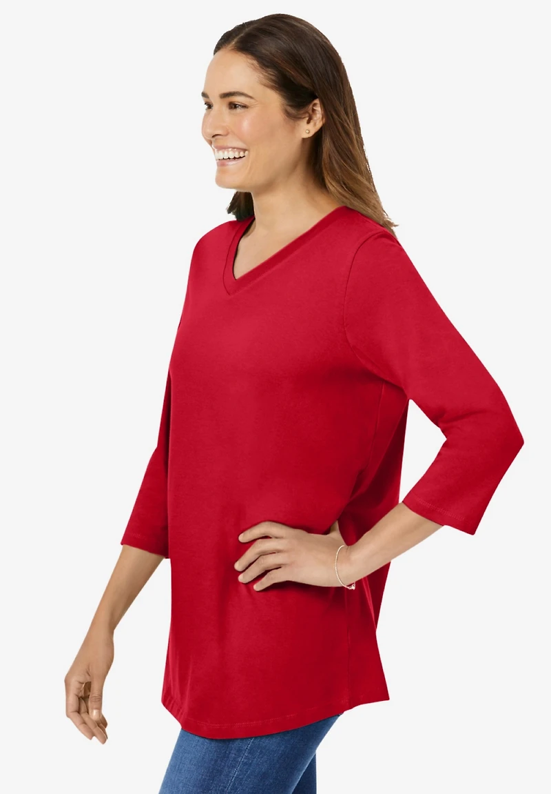 Woman Within Plus Perfect Three-Quarter Sleeve V-Neck Tee