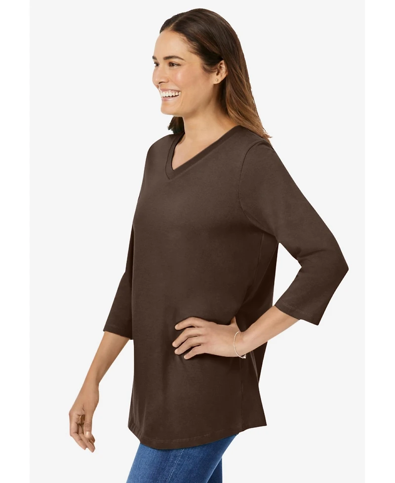Woman Within Plus Perfect Three-Quarter Sleeve V-Neck Tee