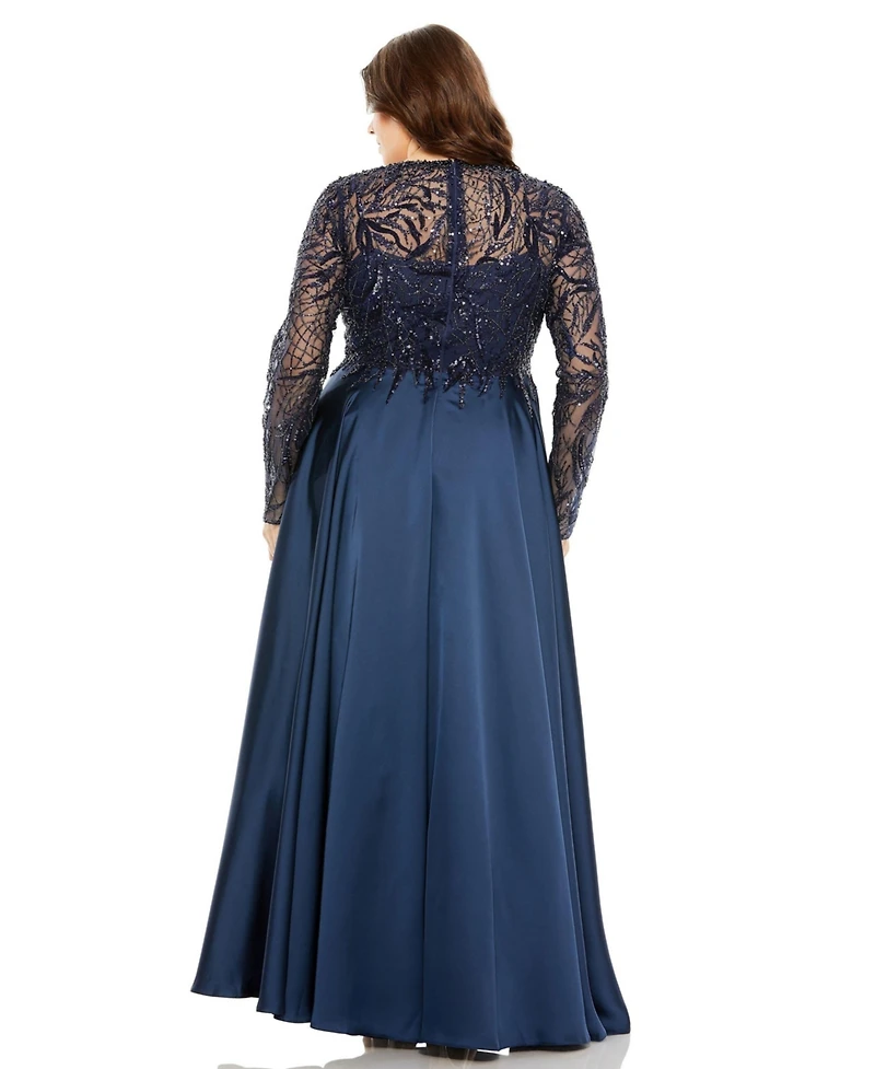Mac Duggal Women's Sheer Long Sleeve Beaded Top Satin Gown
