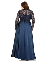 Mac Duggal Women's Sheer Long Sleeve Beaded Top Satin Gown