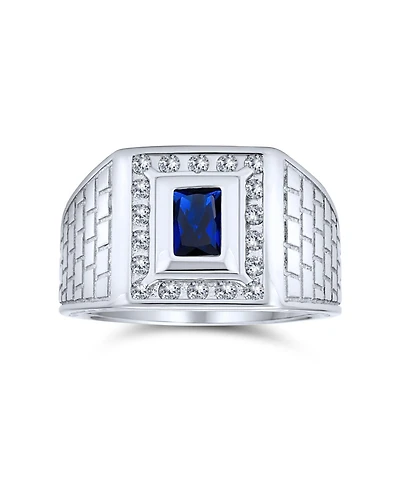 Bling Jewelry Blue Emerald Cut Cz Statement Ring – Brick Pattern Sterling Silver Band