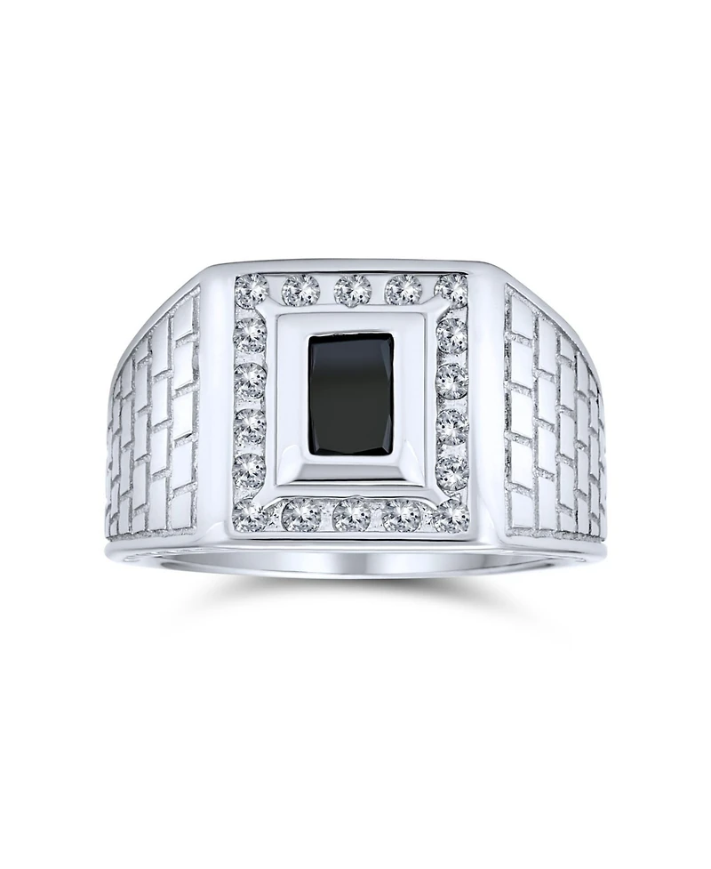 Bling Jewelry Blue Emerald Cut Cz Statement Ring – Brick Pattern Sterling Silver Band