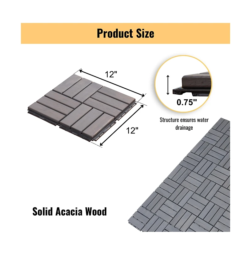 Chic Crate 30-Pack 12'' Acacia Hardwood Checker Pattern Interlocking Deck Tiles Light Gray