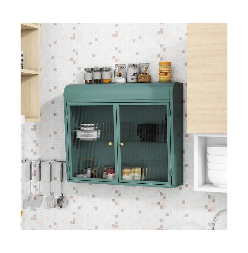 Chic Crate-Army Green 2-Door Wall-Mounted Metal Cabinet Tempered Glass Shelves | Multi-Room | Bath, Kitchen, Office