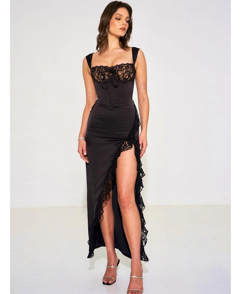 Miss Circle Women's Freddie Black Lace Satin Maxi Corset Dress