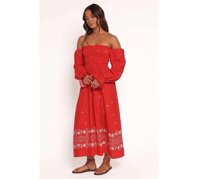 Petal and Pup Women's Domenica Shirred Long Sleeve Midi Dress - Red Floral Bandana