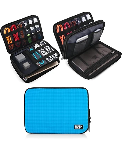 Bubm Medium Blue Electronics Organizer - Double Layer Travel Gadget Bag for Cables, Usb Drives, Plugs, iPad Mini & Accessories