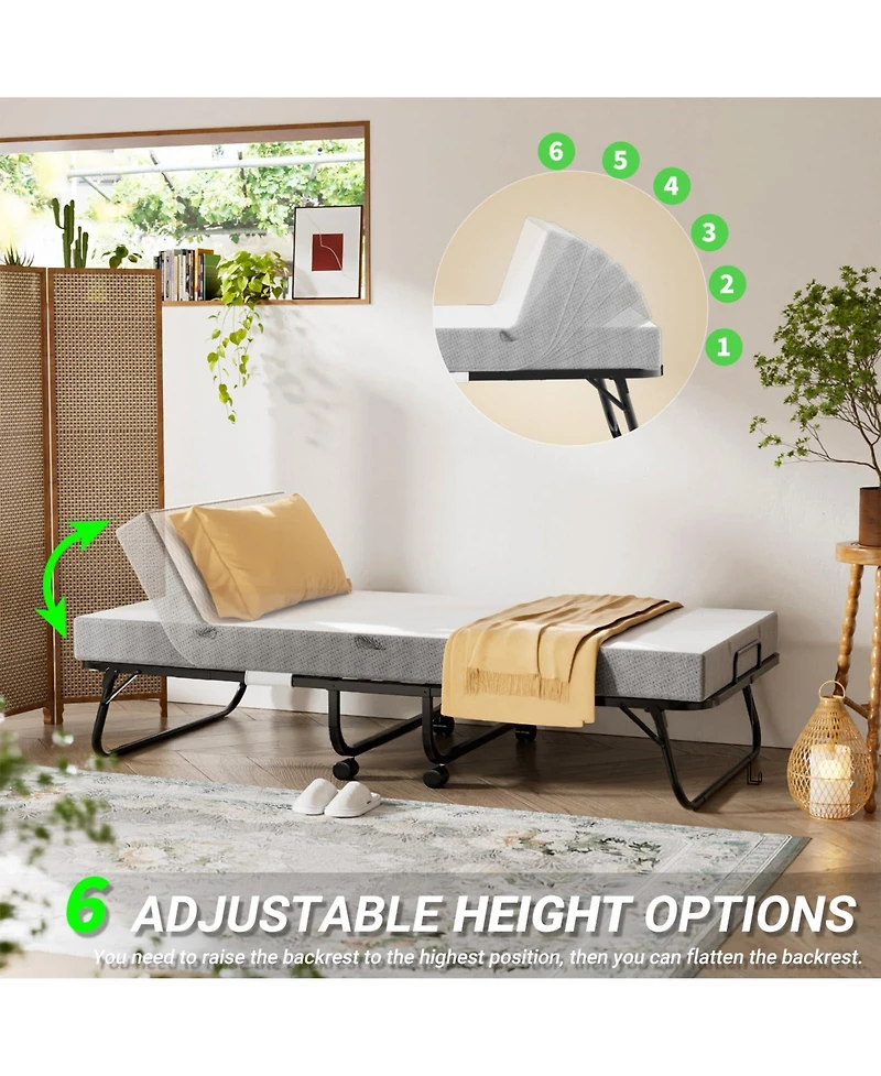 Folding Bed with Mattress, 75" x 31" Rollaway Bed with 6 Height Adjustable Options