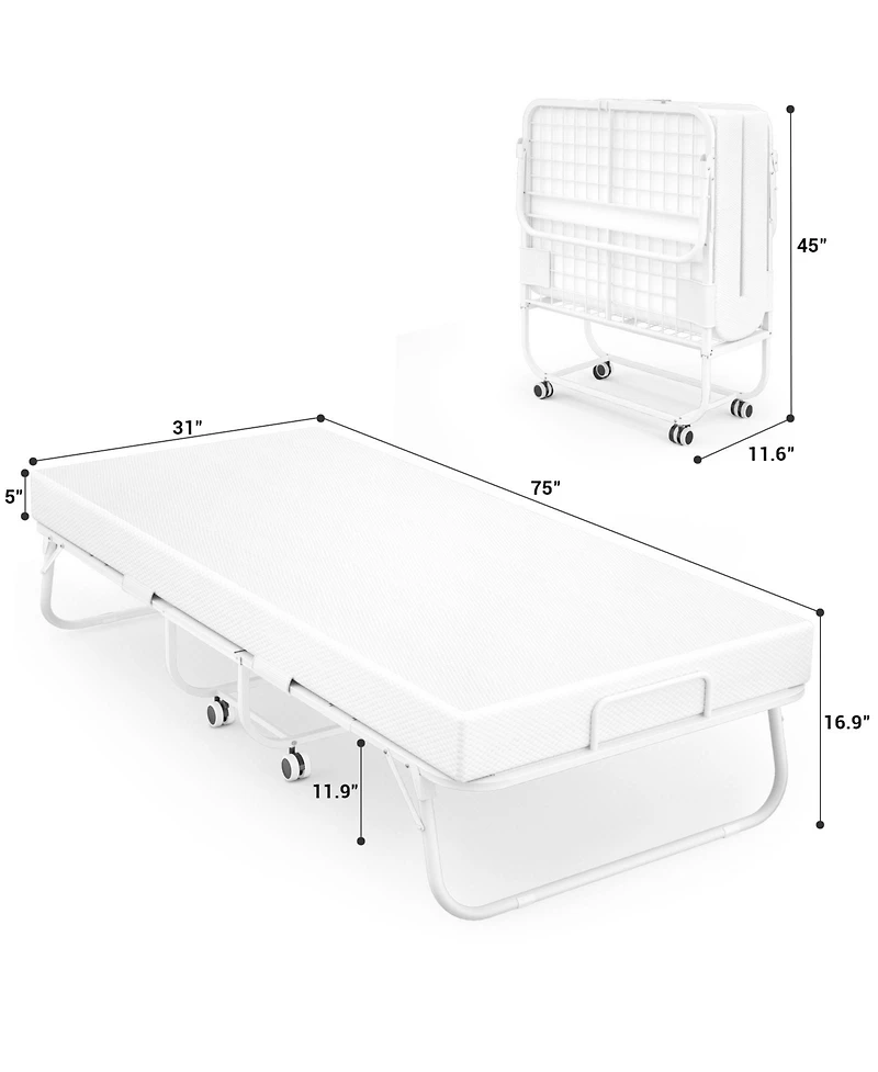 Twin Folding Bed with Mattress, Portable Foldable Bed with Storage Cover and Sturdy Metal Frame, 75'' x 31''