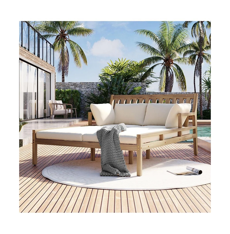Chic Crate-Outdoor Teak Daybed Chaise Lounges 4 Pillows & Curved Armrests | Patio & Garden Multi-Use | Light Teak & Beige Cushion