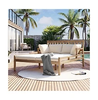 Chic Crate-Outdoor Teak Daybed Chaise Lounges 4 Pillows & Curved Armrests | Patio & Garden Multi-Use | Light Teak & Beige Cushion